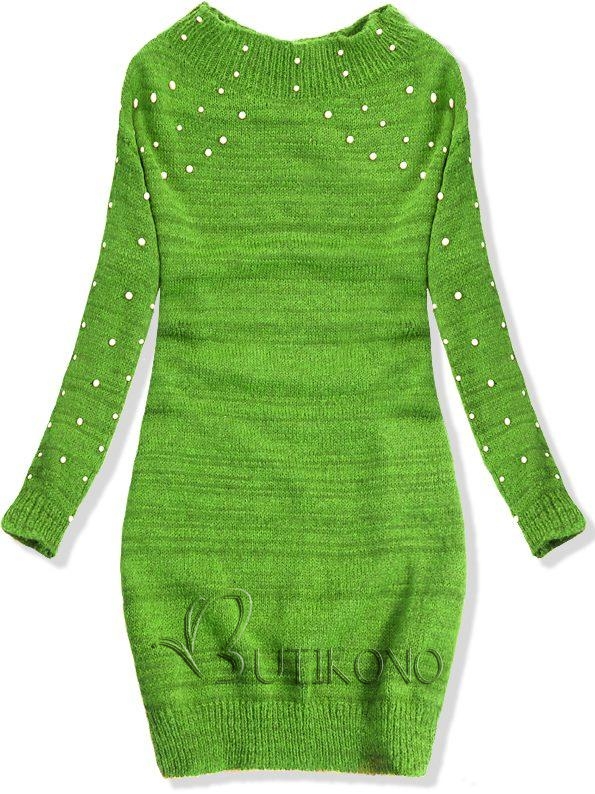 Zelený predĺžený sveter s perličkami