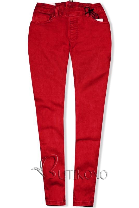 Červené jeans nohavice so zipsom vzadu