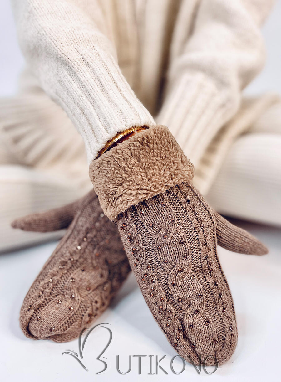 Zdobené dámske rukavice-palčiaky mocca