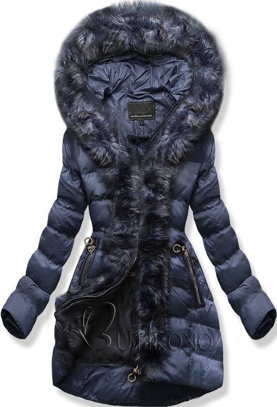 Tmavomodrá zimná bunda s kožušinovým lemom