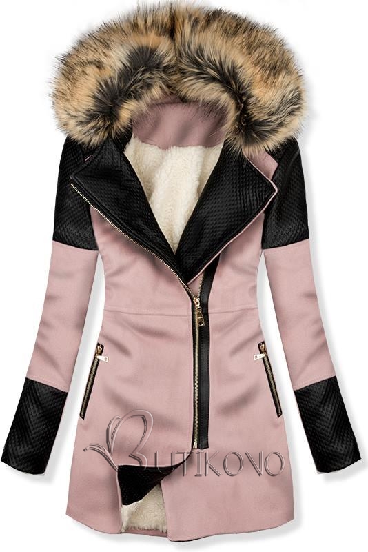 Ružový zimný kabát s kožušinovou podšívkou