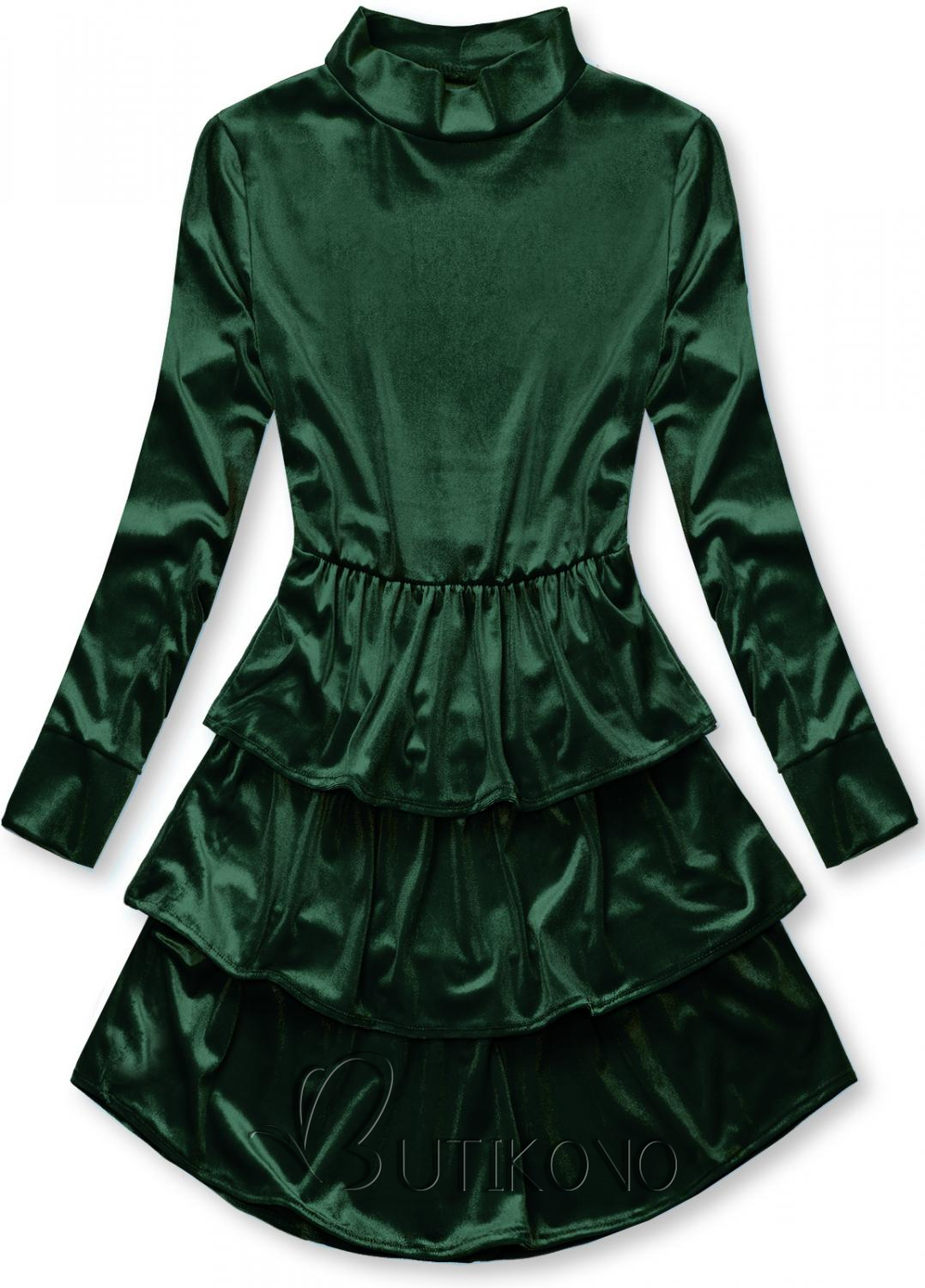 Zelené zamatové šaty s volánmi
