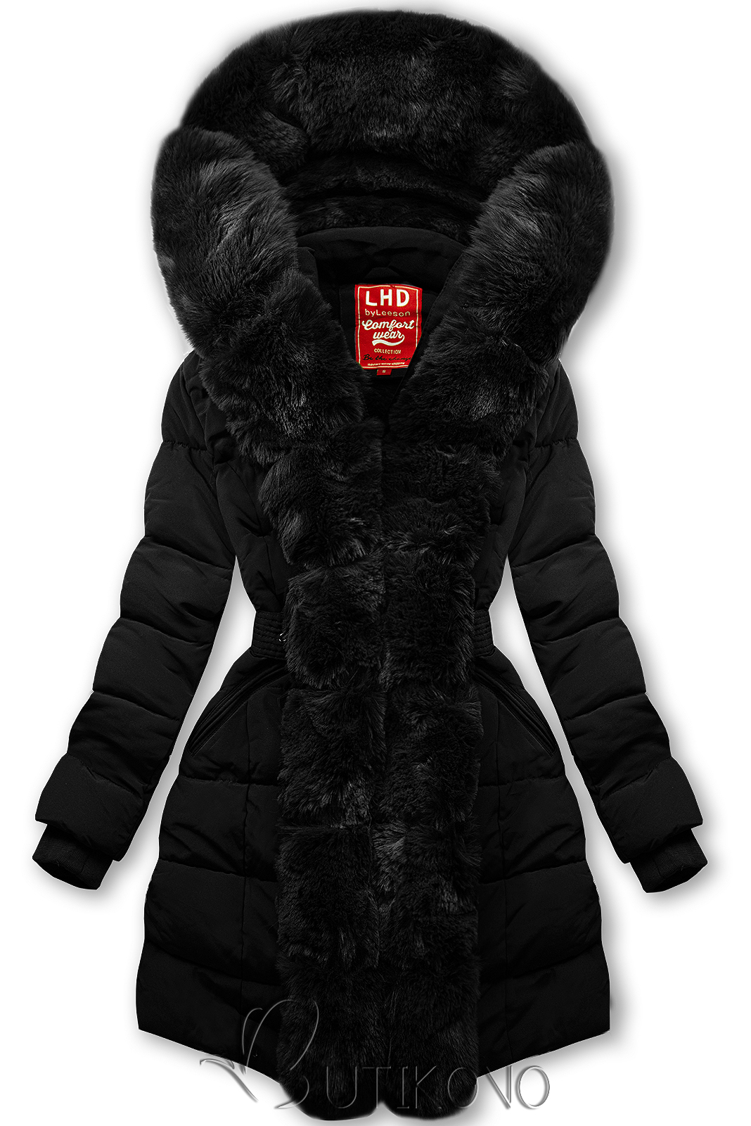 Čierna zimná bunda s opaskom a kožušinou