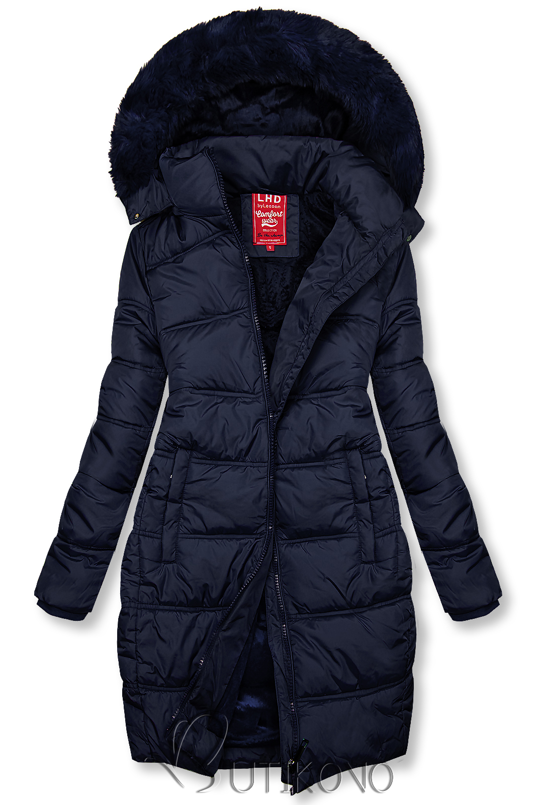 Tmavomodrá zimná bunda v prešívanom dizajne