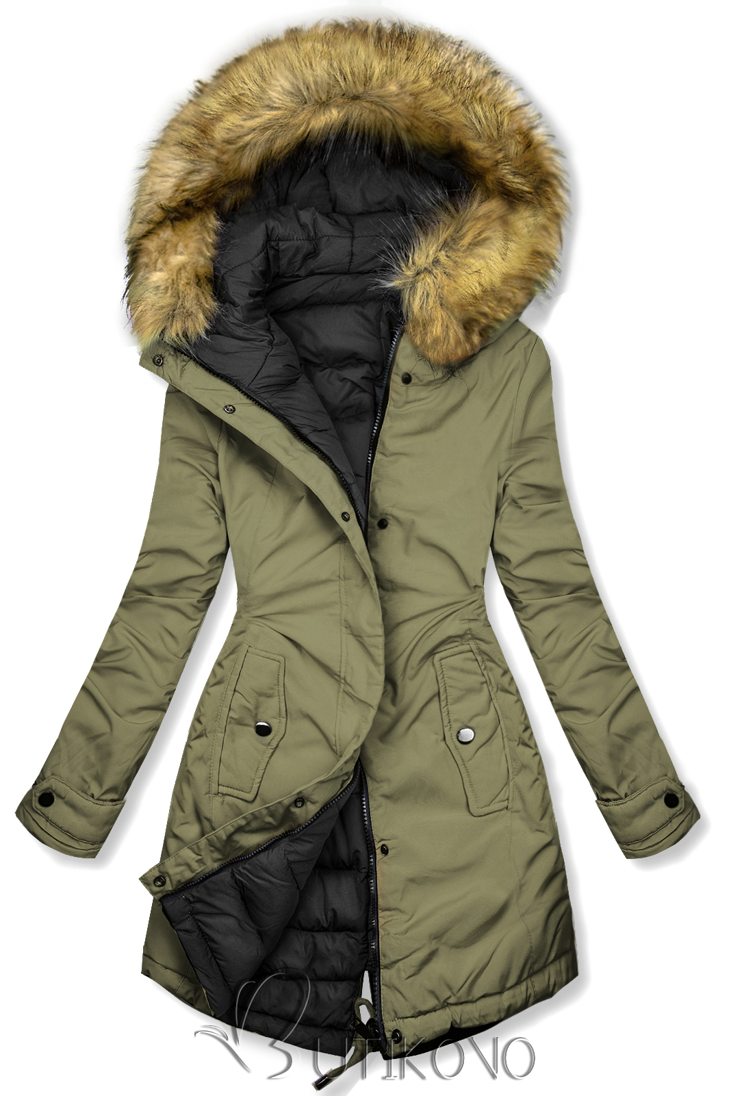 Obojstranná zimná bunda s kožušinou olivová/čierna
