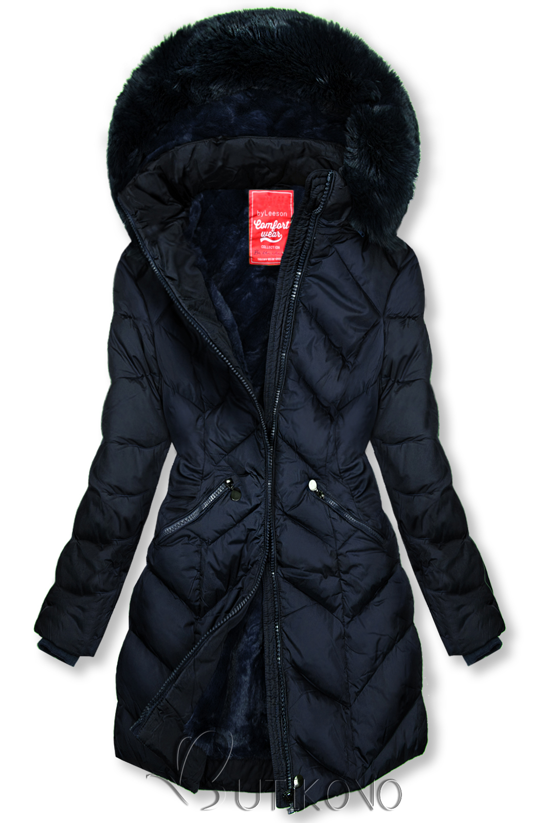 Tmavomodrá prešívaná zimná bunda s odopínateľnou kapucňou