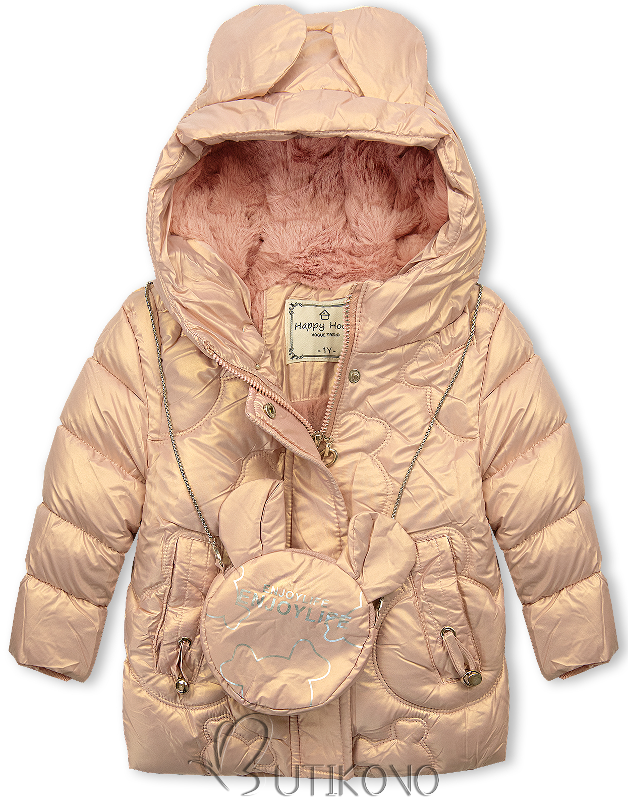Svetloružová zimná dievčenská bunda s kabelkou