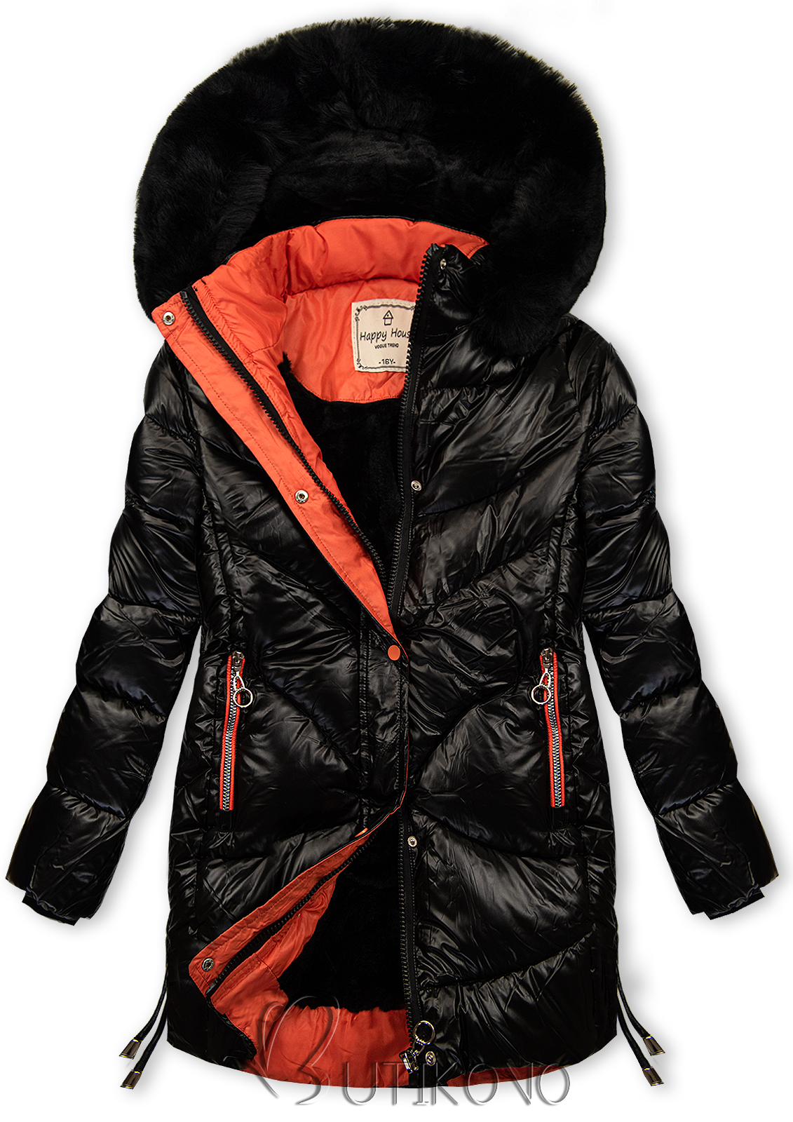 Lesklá zimná bunda čierna/oranžová