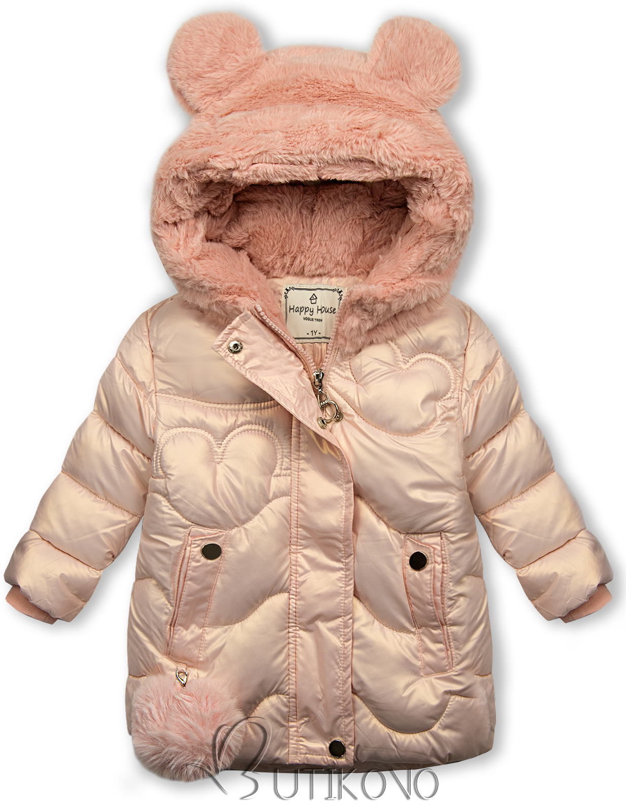 Svetloružová zimná bunda s kožušinovou kapucňou