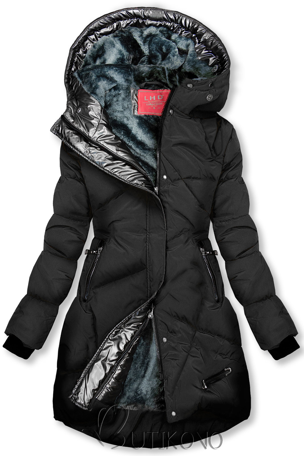 Čierna/sivá zimná bunda so strieborným lemom