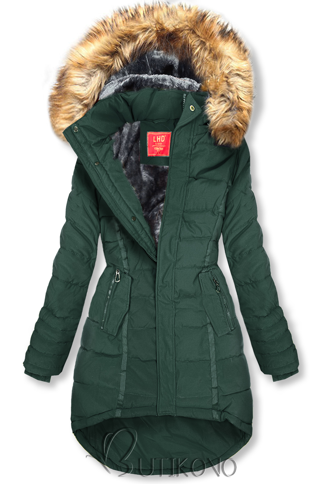 Tmavozelená prešívaná zimná bunda s kapucňou