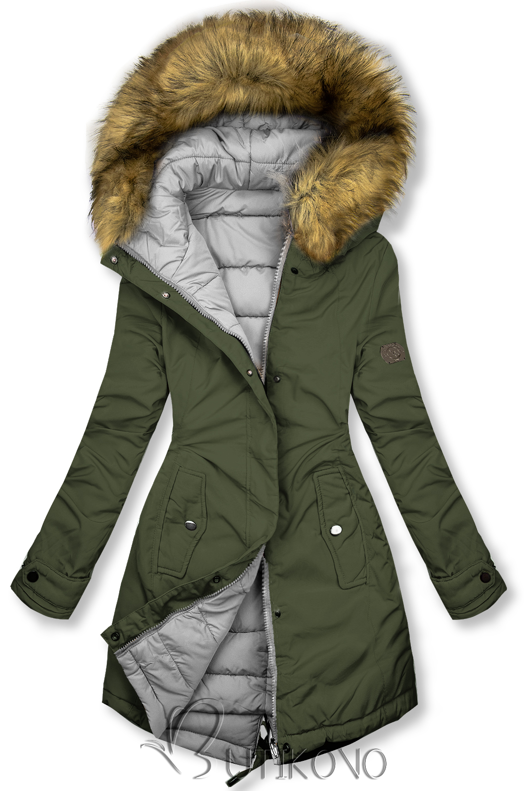 Khaki/sivá obojstranná zimná bunda