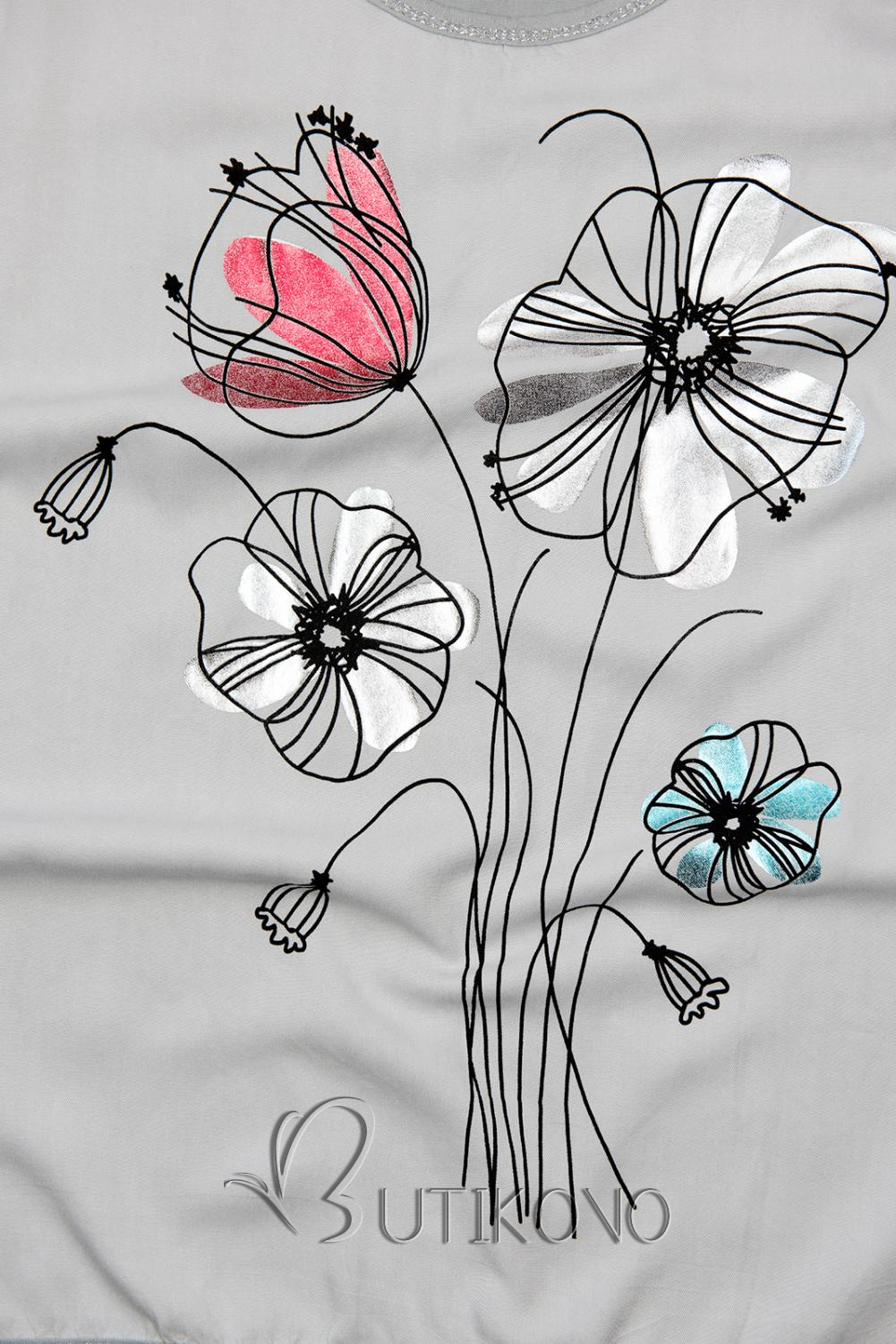 Sivé tričko s potlačou kvetov