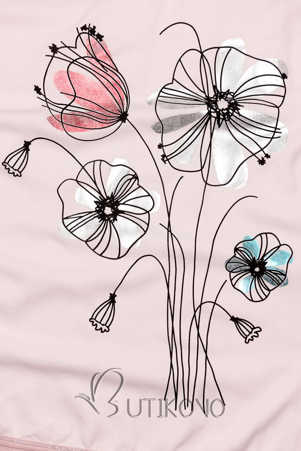 Svetloružové tričko s potlačou kvetov