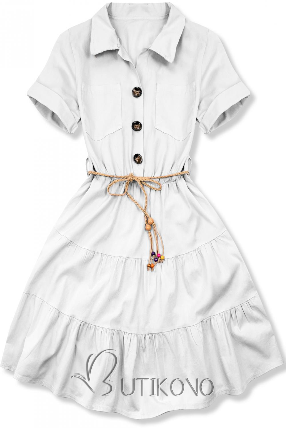 Košeľové biele šaty s pleteným opaskom