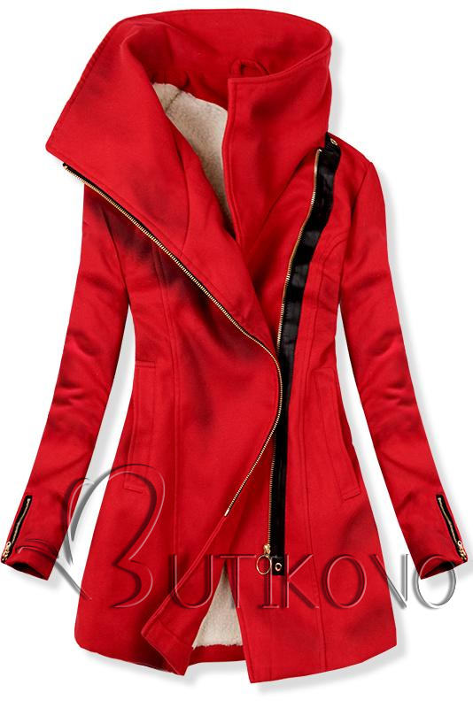 Červený kabát so zapínaním na šikmý zips