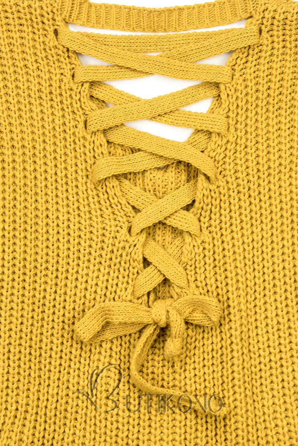 Horčicovožltý sveter so šnurovačkou