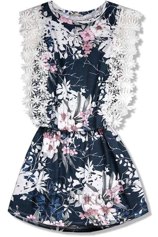 Tmavomodré kvetinové šaty s čipkou