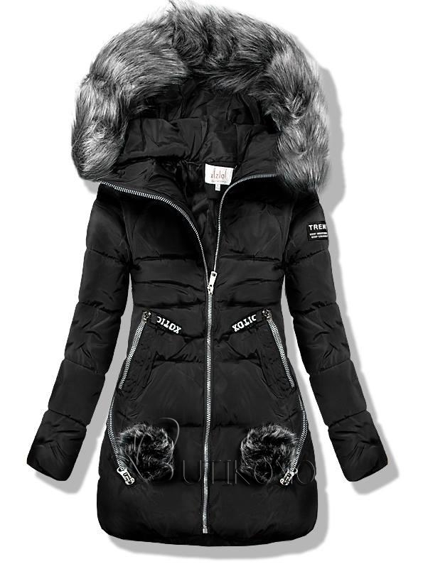 Čierna zimná prešívaná bunda s kožušinou