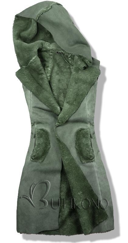 Zelená dlhá kožušinová vesta s kapucňou