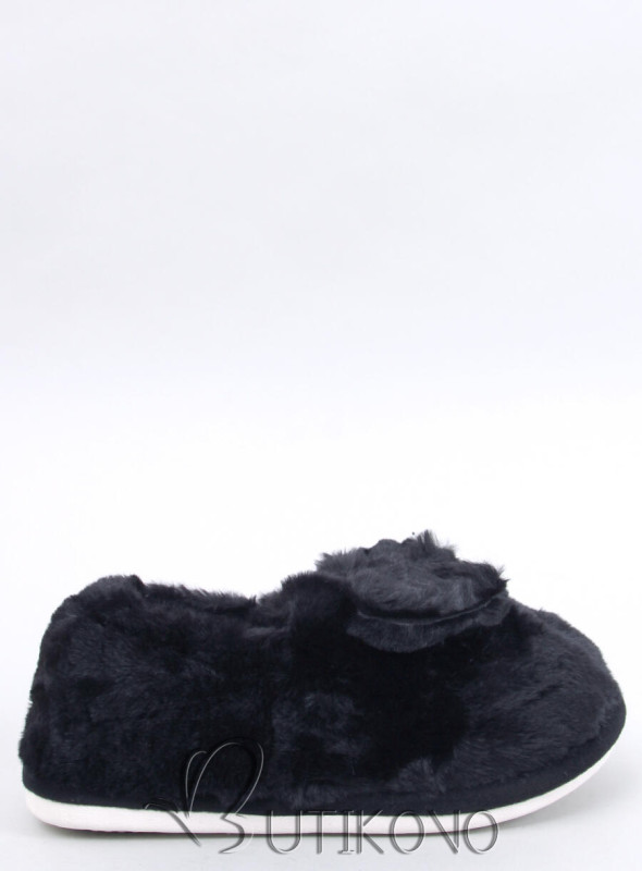 Čierne kožušinové papuče s mašľou