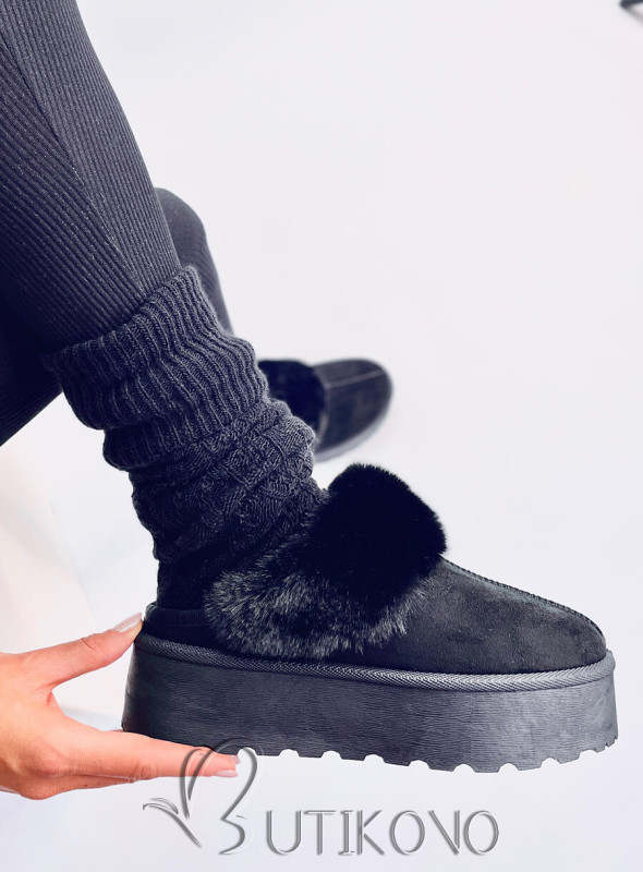 Čierne papuče na platforme s kožušinou