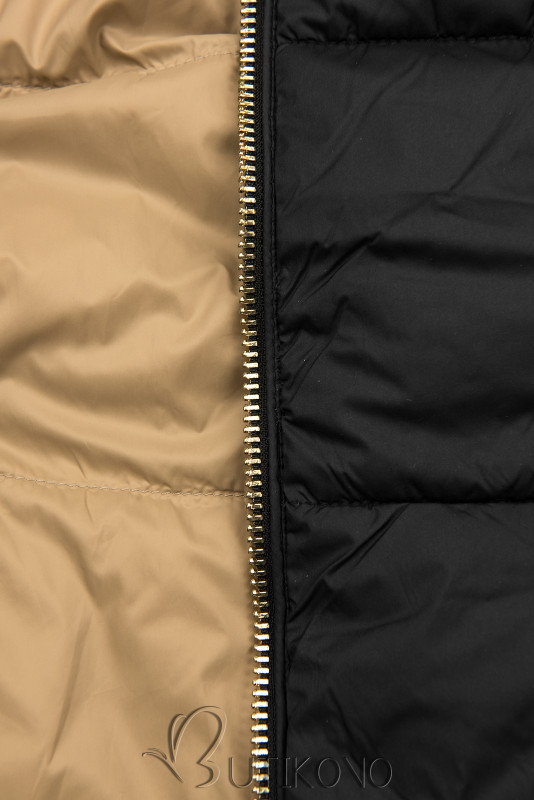 Čierna-hnedobéžová obojstranná bunda s kapucňou