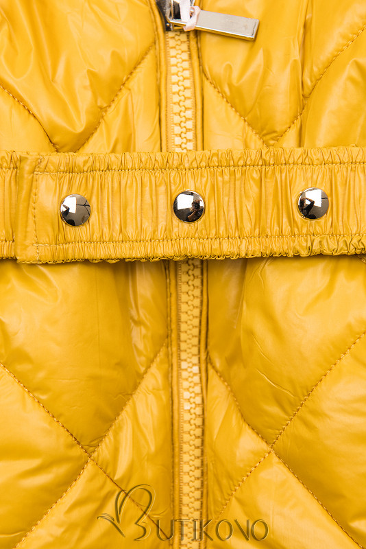 Žltá lesklá zimná bunda s opaskom