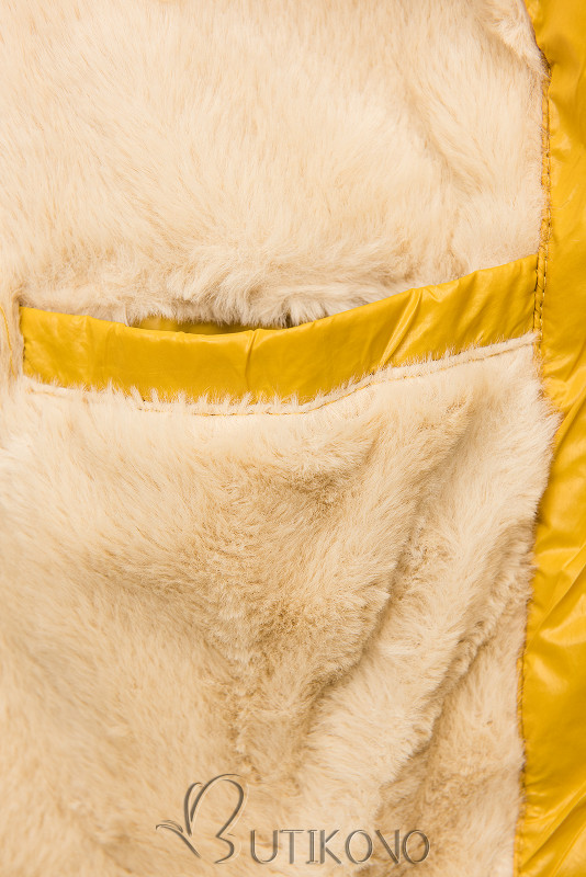 Žltá lesklá zimná bunda s opaskom