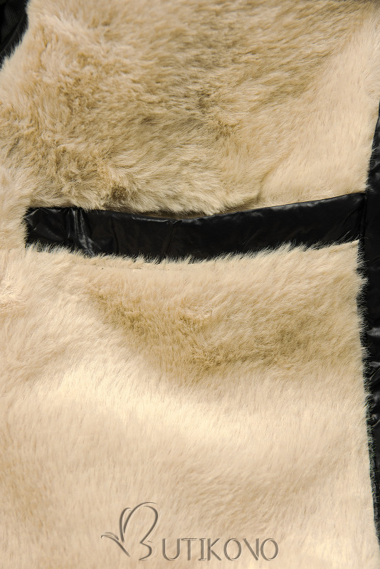 Čierno-béžová lesklá zimná bunda s opaskom