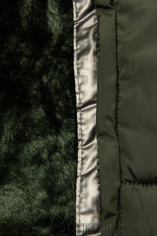 Olivovozelená zimná bunda so strieborným lemom