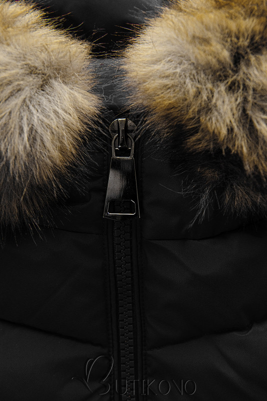 Čierna prešívaná zimná bunda s kožušinou