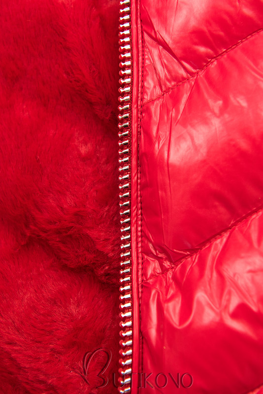 Červená zimná krátka bunda s hnedou kožušinou