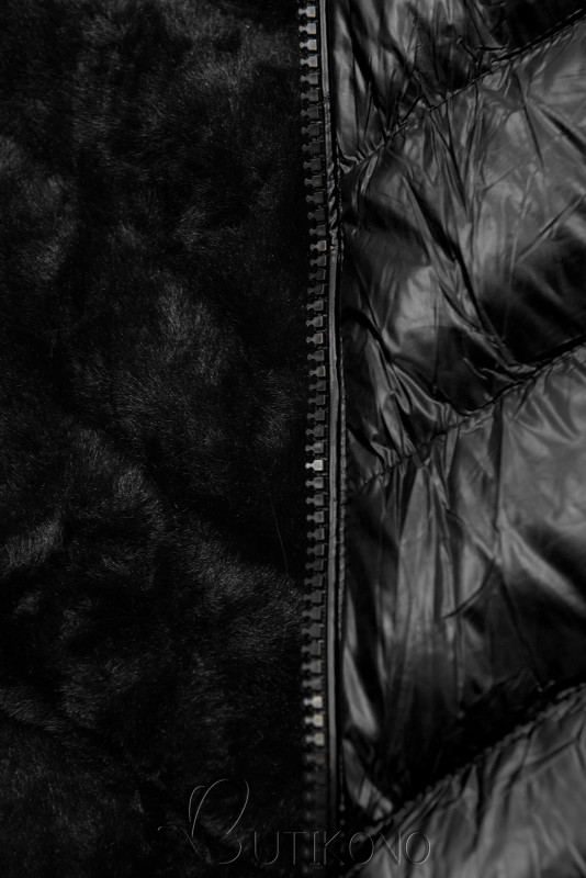 Čierna zimná krátka bunda s čiernou kožušinou