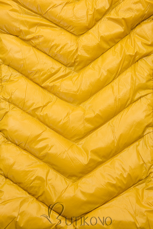 Žltá zimná krátka bunda s hnedou kožušinou