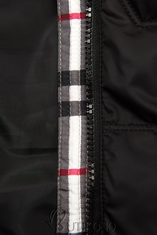 Čierna prechodná bunda s károvaným lemom