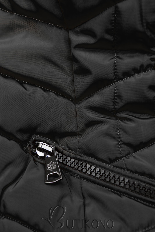 Čierna zimná prešívaná bunda s nepravou kožušinou