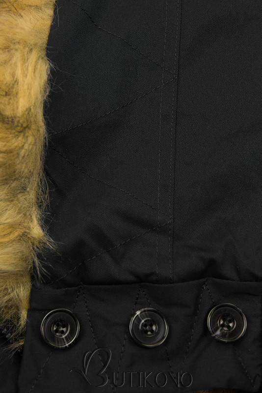 Čierna zimná bunda s vysokým golierom a kožušinou