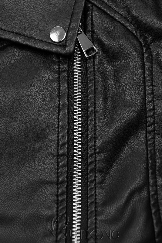 Čierna koženková bunda so šikmým zipsom