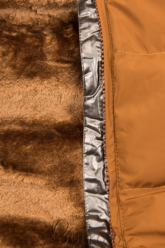 Karamelová zimná bunda so strieborným lemom
