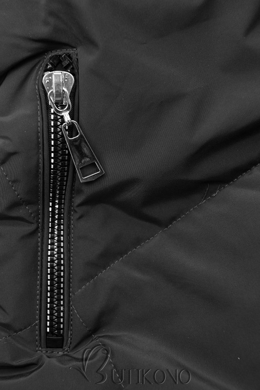 Čierna/karamelová zimná bunda so strieborným lemom