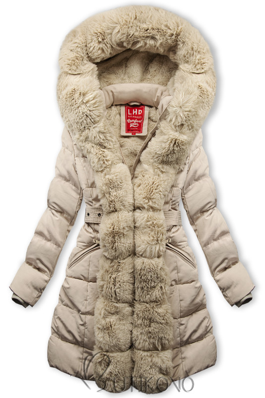 Béžová zimná bunda s opaskom a kožušinou