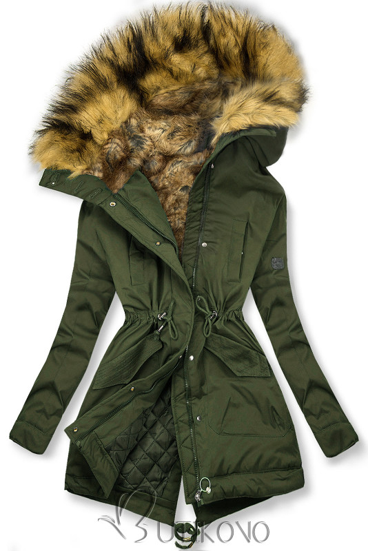 Olivovozelená zimná bunda s vysokým golierom a kožušinou
