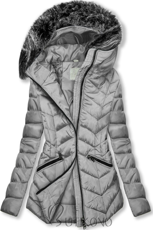 Sivá zimná prešívaná bunda s nepravou kožušinou