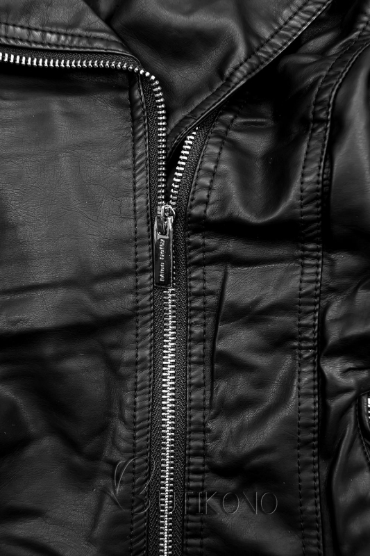 Čierna koženková bunda s kožušinovým golierom