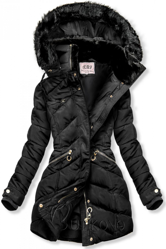 Čierna zimná bunda s teplým plyšovým golierom