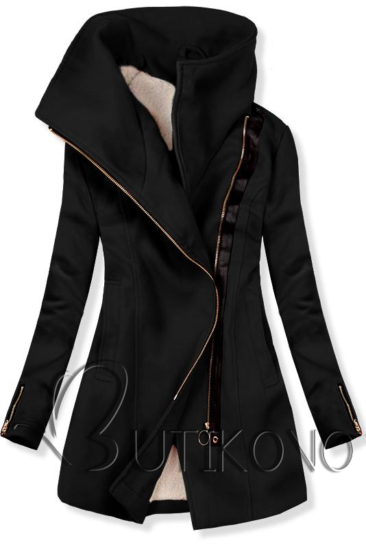 Čierny kabát so zapínaním na šikmý zips