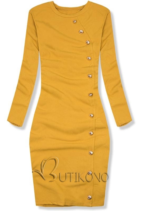 Mustard strečové šaty s dekoratívnymi gombíkmi