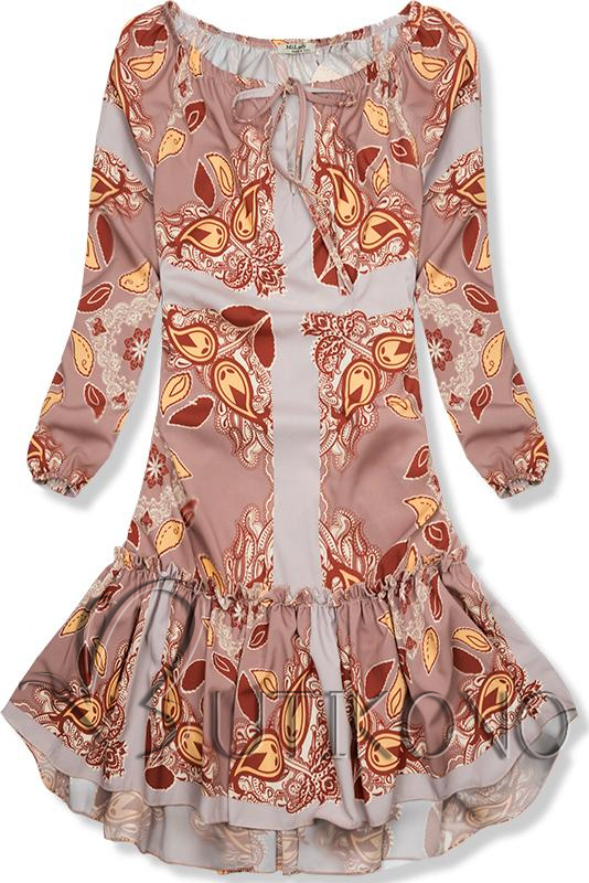 Béžové vzorované šaty s volánovou sukňou