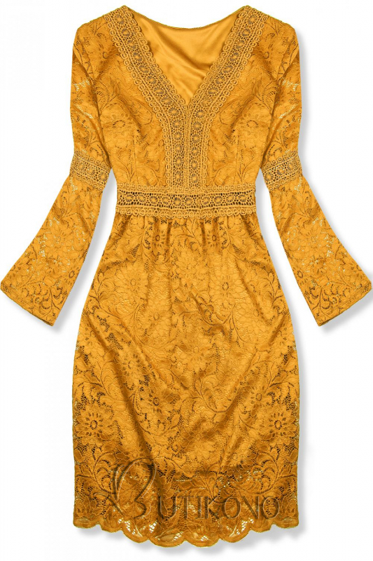 Mustard elegantné čipkované šaty